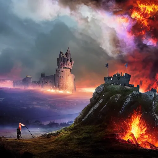 Image similar to a knight going to jump to get on dragons back as fire inflames the ground beneath him, with castle in distance, stormy, raining, 4 k, hd, realistic