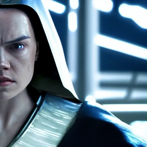 Image similar to movie still of daisy ridley as sith empress wearing a black satin robe and metal belt with make up as if she was crying, sweaty, detailed eyes, neutral expression, shallow depth of field, photorealistic, cinematic lighting, lovely bokeh, dark moody light, strong rim light, movie quality, star wars