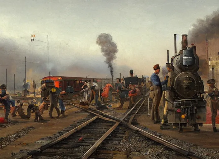 Image similar to detailed painting of railroad workers drinking wine and having fun against the backdrop of a steam locomotive advancing right ahead of them by ivan aivazovski