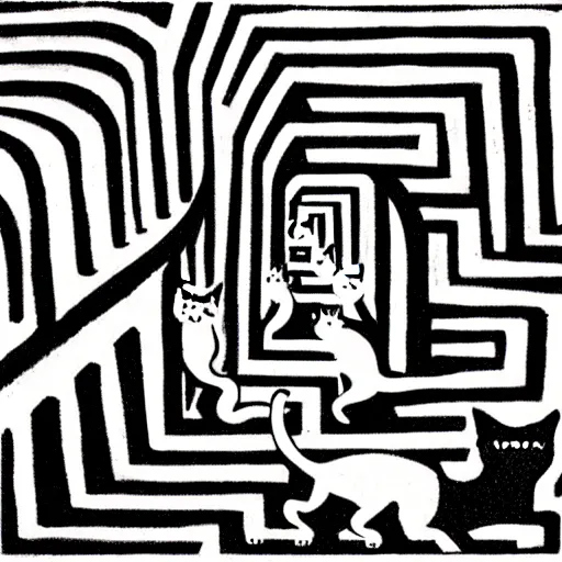 Image similar to cats running in a labyrinth, by m. c. escher