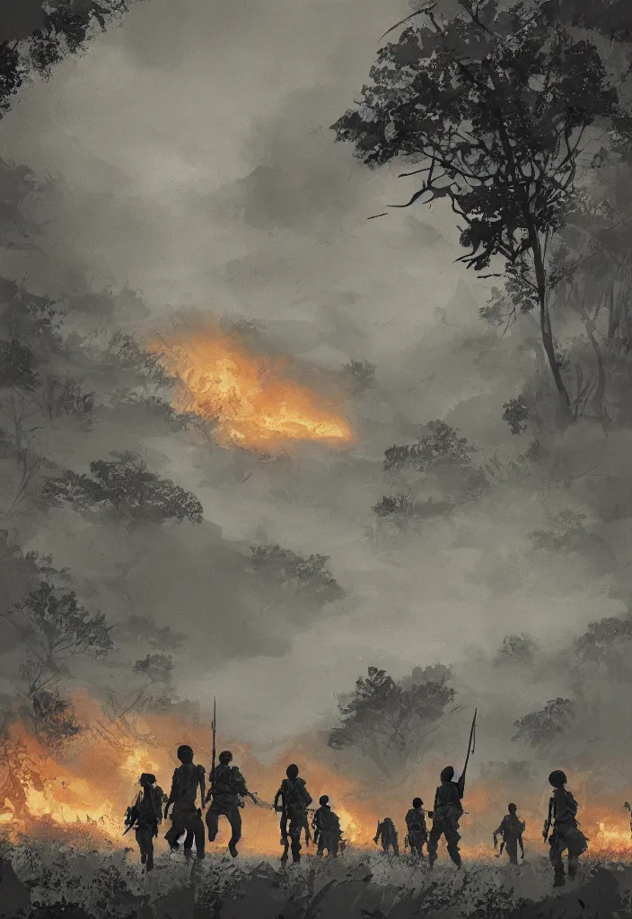 Image similar to handmade illustration of an epic and dramatic Vietnam war scene with a few american soldiers walking, the jungle at the background, some mist grey smoke and fire, blue sky with dramatic clouds, line art, ink, ol on canvas by Kilian Eng and by Jake Parker, heavy brushstrokes, winning-award masterpiece, fantastic, octane render, 8K HD Resolution, High quality image