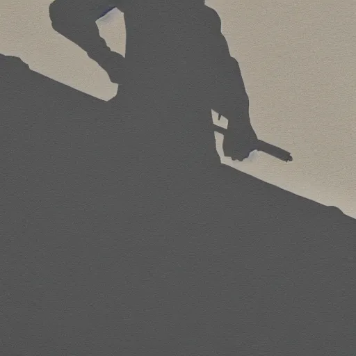 Image similar to transparent siluette of a wanted outlaw. screen - printed on top of a photo. sun - bleached highlights. sanded surface. scratches on the surface soft colors