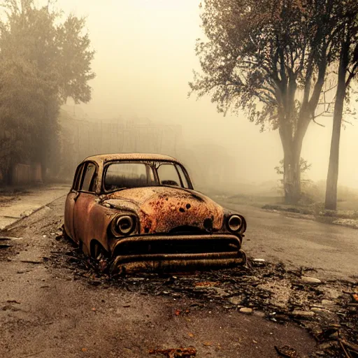 Prompt: apocalyptic, ruined town, abandoned streets, littered, decrepit homes and sheds on the side of the road, slowly being reclaimed by nature. rusted vintage cars. fog, dew, rain, volumetric lighting, beautiful, summer morning dew, sharp focus, ultra detailed, cgsociety - w 1 0 2 4 - n 8 - i