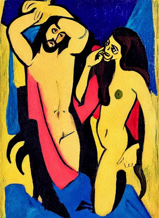 Image similar to painting of jesus being seductively unrobed by a mysterious woman, 8 k cel shading, pivix, in the style of ernst ludwig kirchner