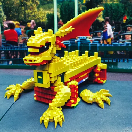 Prompt: photo of lego dragon at legoland, Kodak Ultra F9, 35mm