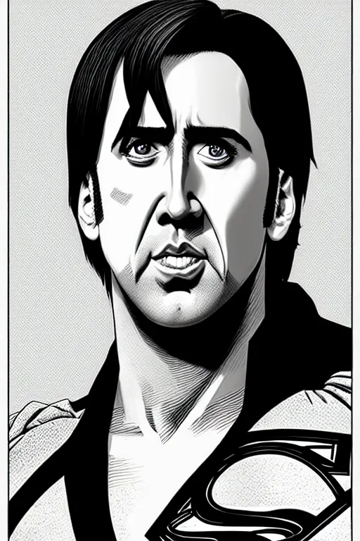 Prompt: portrait of nicolas cage as superman looking away from the camera, intricate, hyperrealistic, drawn as a manga character, artstation