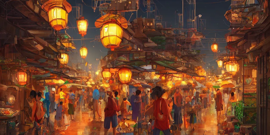 Prompt: night market with vendors spread across an alley, desert city, vertical architecture, full of life, lively, bustling, fireflies, lanterns, studio ghibli, trendy 4 k digital painting on artstation