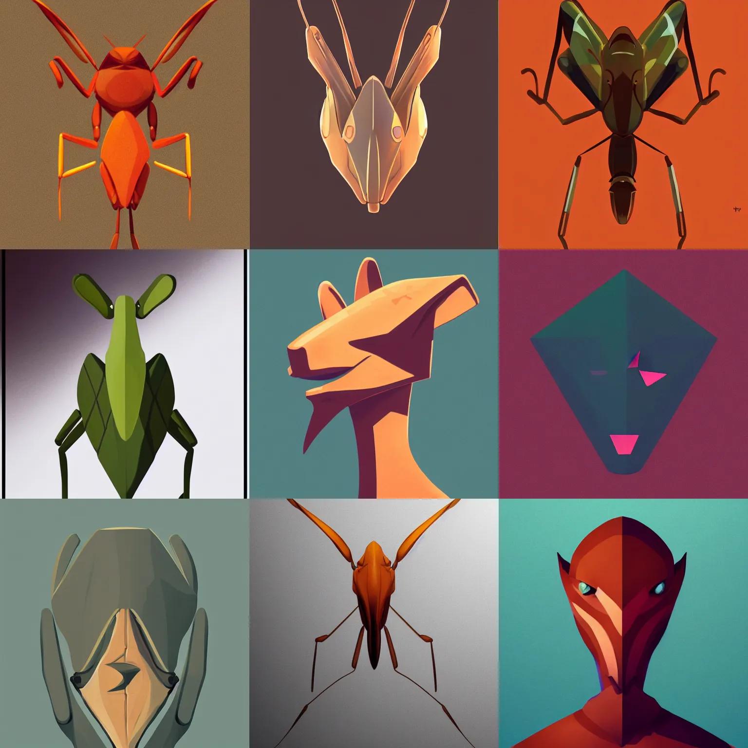 Prompt: triangular flat face icon stylized minimalist, praying mantis, brown exoskeleton, flat head, predatory look, cory behance hd by jesper ejsing, by rhads, makoto shinkai and lois van baarle, ilya kuvshinov, rossdraws global illumination