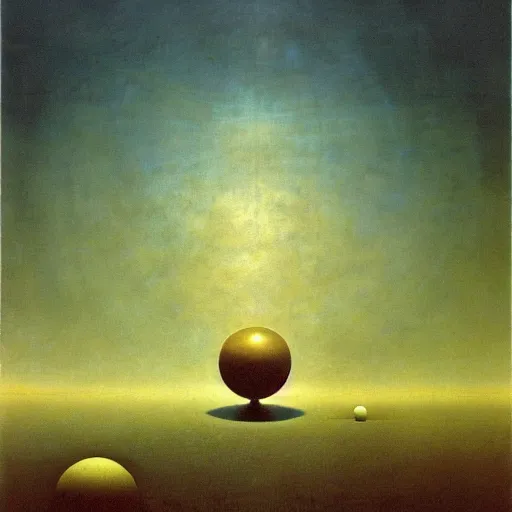 Prompt: line of spheres spread out above the horizon, symmetrical, zdzislaw beksinski