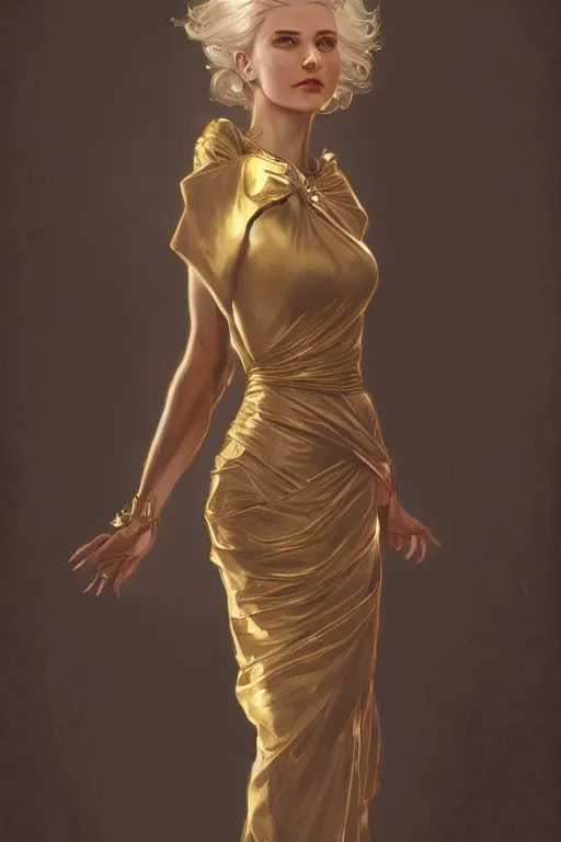 Image similar to a girl wearing a golden dress, grey hair, red necktie, cinematic, stunning, highly detailed, digital painting, artstation, smooth, hard focus, full body shot, illustration, art by artgerm and greg rutkowski and alphonse mucha