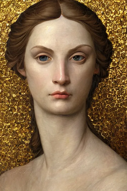 Prompt: hyperrealism close - up mythological portrait of a beautiful medieval woman's shattered face partially made of bronze color flowers in style of classicism using the fibonacci golden ratio, pale skin, wearing ivory colour dress, dark and dull palette