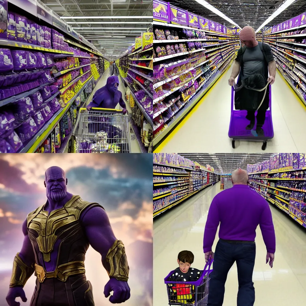 Prompt: Thanos lost in Wal-Mart looking for his mom, photo 4k