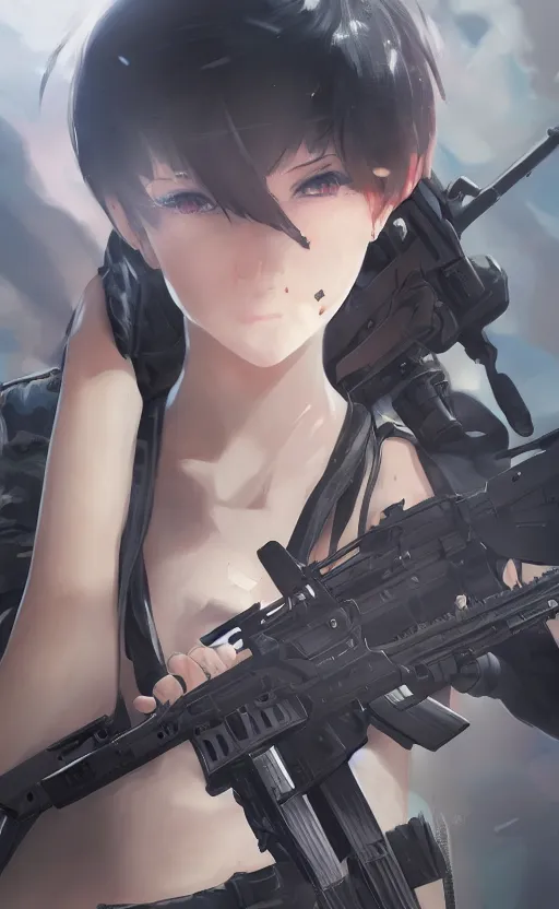 Image similar to highly detailed, high resolution, character design art, stunning, volumetric lightning, realistic guns, girls frontline style, matte, sharp focus, 150mm, illustration, artstation, by kuvshinov ilya, realistic human anatomy, simple design, realistic military gear