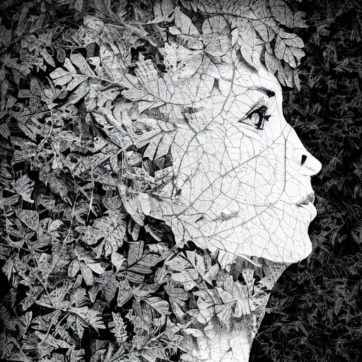 Image similar to profile of a woman made of leaves, double exposure, artistic, hd, b&w