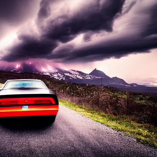 Prompt: black pontiac firebird trans - am driving towards the camera, huge spider creature in the background, norway mountains, valley, lake, dynamic, cinematic, motionblur, volumetric lighting, wide shot, low angle, red glow in sky, large lightning storm