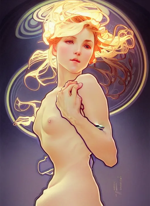 Image similar to digital character concept art by artgerm and alphonse mucha. clear portrait of a shy modern wife blessed by god to grow immaculately fertile and perfect!! blonde, in clothes! holy body! light effect. hyper detailed, glowing lights!! intricate, elegant, digital painting, artstation, smooth, sharp focus