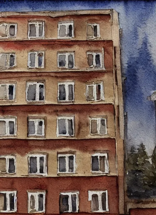 Prompt: beautiful watercolor art of small soviet apartment building stands at russian suburbs, full frame