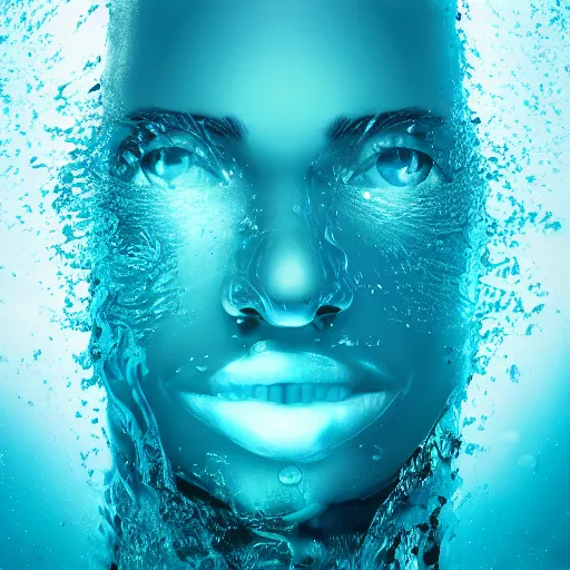 Image similar to water artwork manipulation in the shape of a human head, on the ocean water, futuristic, abstract art, glowing, gradient, hyper realistic, ray tracing, realistic water, sharp focus, long shot, 8 k resolution, cinematic, photoshop water art