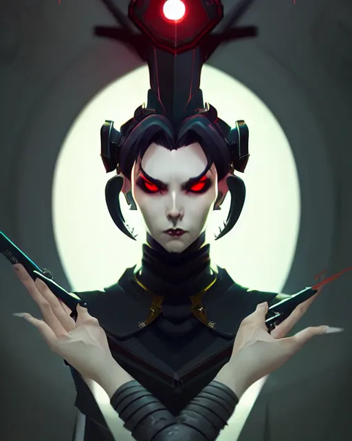 Prompt: hq rendering, dark vampire, character portrait, concept art, painterly, fanart, highly detailed in the style of overwatch by ilya kuvshinov, wenjun lin, angular geometric symmetrical design