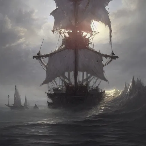 Prompt: detailed white pirate ship with large feathered wings by greg rutkowski, enigmatic atmosphere, beautiful and cinematic lighting, artstation hq.