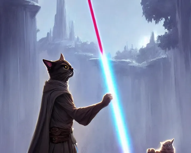 Prompt: cartoonish Jedi cat order, anime, a fantasy digital painting by Greg Rutkowski and James Gurney, trending on Artstation, highly detailed