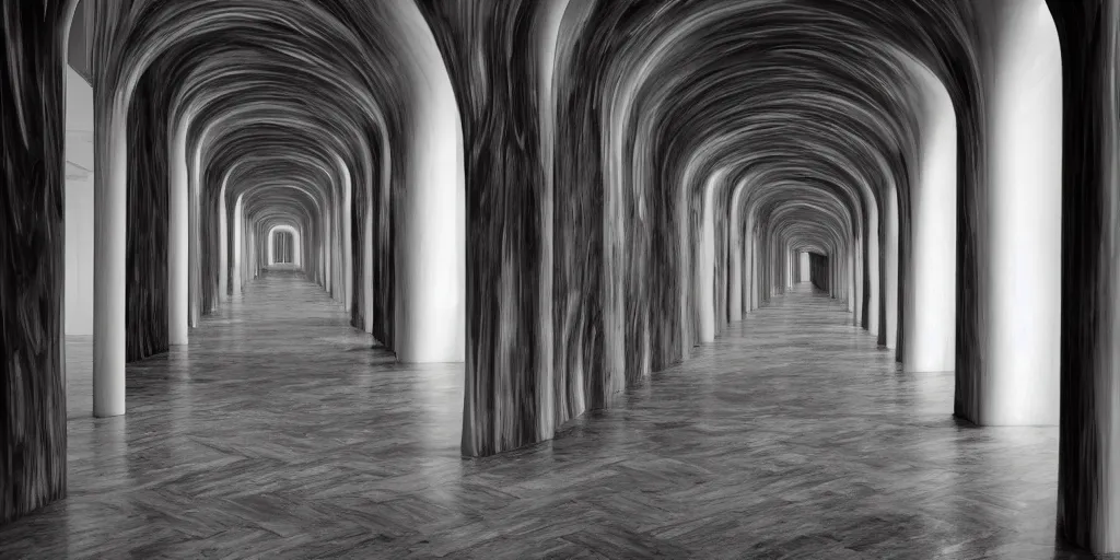 Image similar to a hallways of entropy, ivory and ebony, swirled architecture, the void people