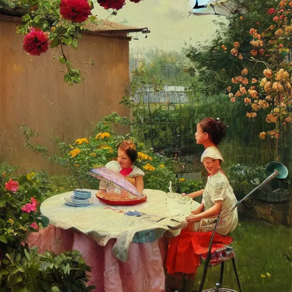 Image similar to a housewife and her daughter putting dishes on a table in the backyard, a tilted parasol sits above the table, a garden with colorful flowers in the background, rainy scene, cozy 1 9 5 0's, medium symmetry, by greg rutkowski, by ilya repin, extreme detail, 8 k, intricate abstract, photorealistic