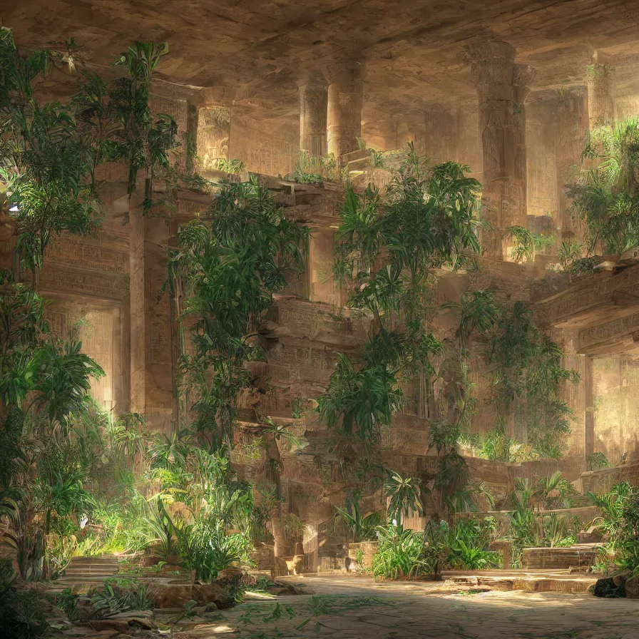 Prompt: interior of a ancient egyptian palace with plants and waterfalls, retrowave art, trending on art station