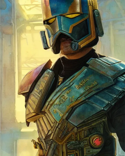 Image similar to karl urban as judge dredd, shooting criminals, highly detailed, gold filigree, romantic storybook fantasy, soft cinematic lighting, award, disney concept art watercolor illustration by mandy jurgens and alphonse mucha and alena aenami, pastel color palette, featured on artstation