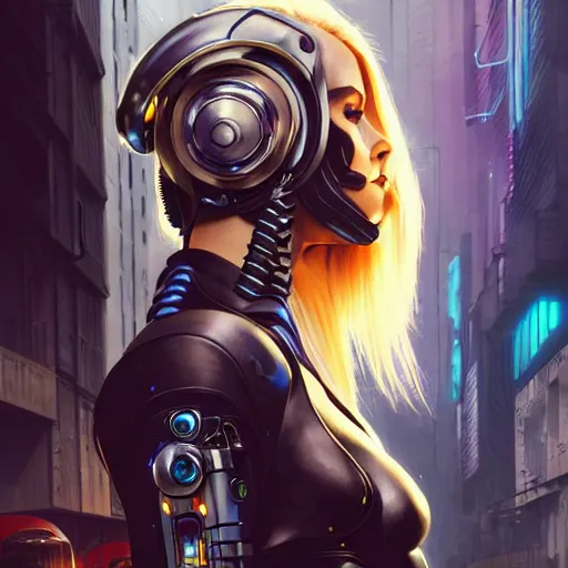 Image similar to Side view of a cyborg demon blond in cyberpunk headset and helmet on the street of a cyberpunk city, sci-fi, fantasy, intricate, very very beautiful, elegant, highly detailed, digital painting, artstation, concept art, smooth, sharp focus, illustration, art by artgerm and greg rutkowski and alphonse mucha