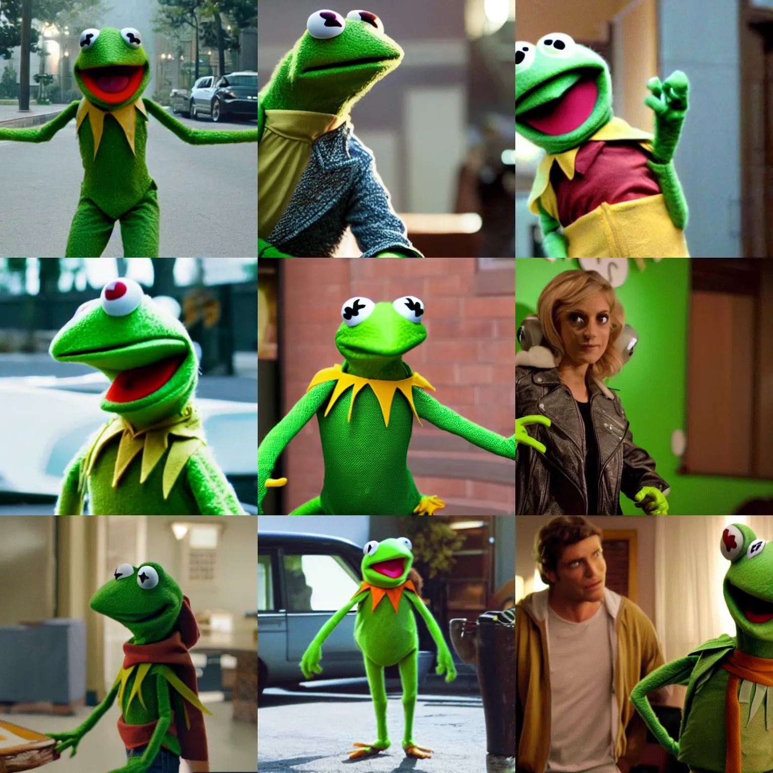 Prompt: movie still of Kermit the frog wearing the Scorpio jacket from Drive (2011)