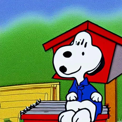 Image similar to snoop dog lying on top of snoopy's dog house, high detail