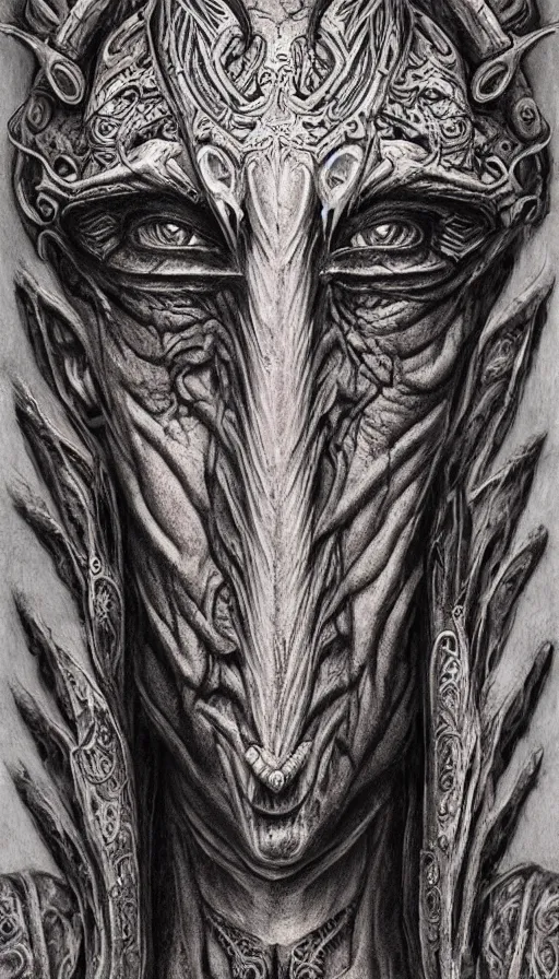 Image similar to immortal alien emperor hybrid aztec fantasy beautiful angellic symmetrical elven face mask tattoo pattern concept, teonanacatl glyph, intricate artwork by, Johnatan Wayshak, Zdizslaw Beksinski, face by Artgerm, H.R. Giger, very coherent artwork, cinematic, hyper realism, high detail, octane render, unreal engine, 8k, High contrast, higly detailed black ink outline, crosshatch sketch gradient