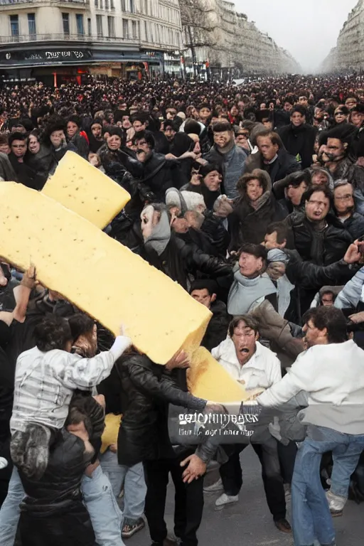 Image similar to citizens of paris riot and roll a giant cheese fondue onto champs elysees, getty images