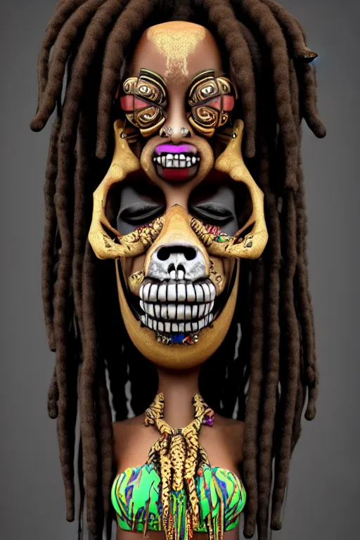 Prompt: a voodoo priestess with dreadlocks and a skull mask, a character portrait by Candido Bido, featured on zbrush central, afrofuturism, freakshow, antichrist, macabre, 8k, extremely highly detailed digital painting, creepy, powerful, haitian