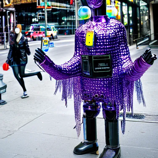 Image similar to nyc street photo, a futuristic android with limbs made out of stretchy rubber tubing mixed with shiny colorful giant intricate detailed chrome gauntlets and chest piece and discoball mask, wearing a long purple velvet cape, talking on a payphone, fog and mist