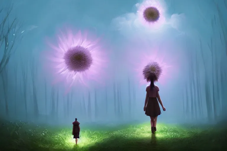 Image similar to giant daisy flower over head, girl walking in spirit forest, surreal photography, dark night, stars, moon light, impressionist painting, clouds, digital painting, artstation, simon stalenhag