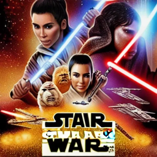 Image similar to super detailed star wars movie poster with Jesus Christ and kim kardashian, 8k full HD photo, cinematic lighting, anatomically correct, oscar award winning, action filled, correct eye placement,