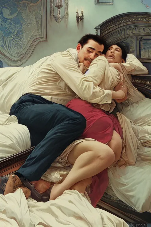 Image similar to portrait of a man in dhl uniform hugging his wife in a bed, feelings, romantic, fantasy, intricate, elegant, highly detailed, digital painting, artstation, concept art, smooth, sharp focus, illustration, art by artgerm and greg rutkowski and alphonse mucha