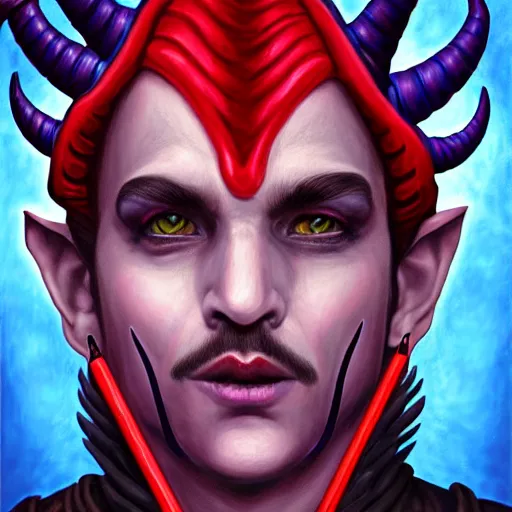 Prompt: detailed, symmetrical, close - up, airbrush art portrait of a level 5 tiefling d & d bard | he has purple skin and red horns | background is black and red