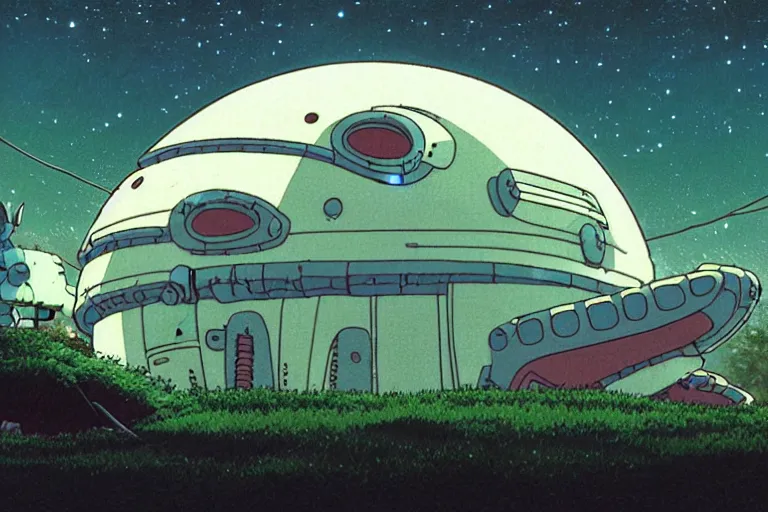Image similar to a still from a studio ghibli film of an alien mothership from princess mononoke ( 2 0 0 4 ) at night in a suburban backyard. full body, wide shot, very muted colors, post grunge, studio ghibli, laurie greasley, highly detailed, deviantart, art by artgem