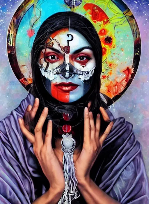 Image similar to gorgeous magic cult psychic woman smiling, third eye, subjective consciousness psychedelic, epic surrealism expressionism symbolism, story telling, iconic, dark robed, oil painting, symmetrical face, dark myth mythos, by Sandra Chevrier, Noriyoshi Ohrai masterpiece