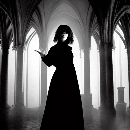 Image similar to mary elizabeth winstead as a vampire in a gothic cathedral at night, gloomy, gothic, ground mist, volumetric light.