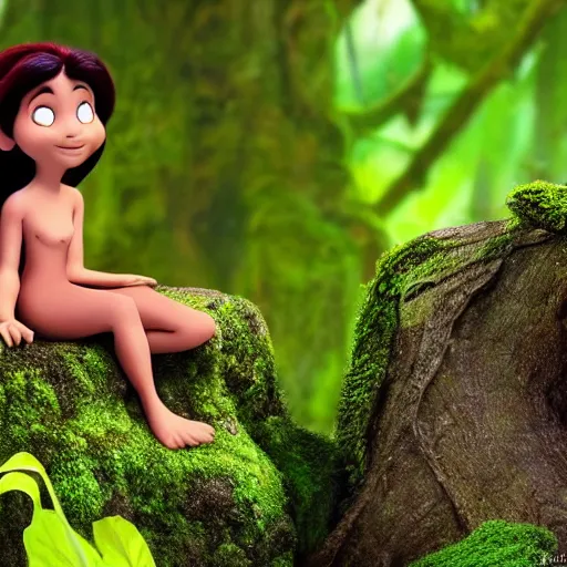 Prompt: fairy sitting on moss covered stump, from the jungle book, disney animation, extremely detailed