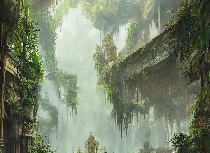 Prompt: a detailed watercolor painting of temple interior, overgrown with lush vines, greg rutkowski, digital art, trending on artstation, detailed matte painting