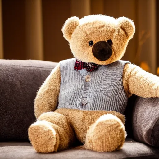 Image similar to a teddy bear with an unnerving smile wearing a sweater vest sitting on a couch, 4 k photo