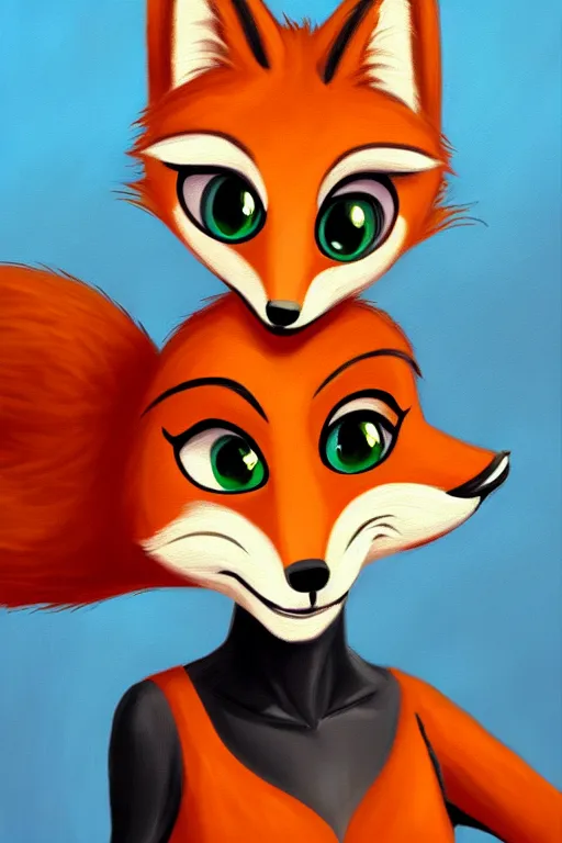 Image similar to oil painting of anthromorphic female fox, in style of zootopia, female fursona, furry, furaffinity, 4 k, deviantart, furry art, fursona art, wearing black business suit, business suit, fox fursona, female, smug expression,