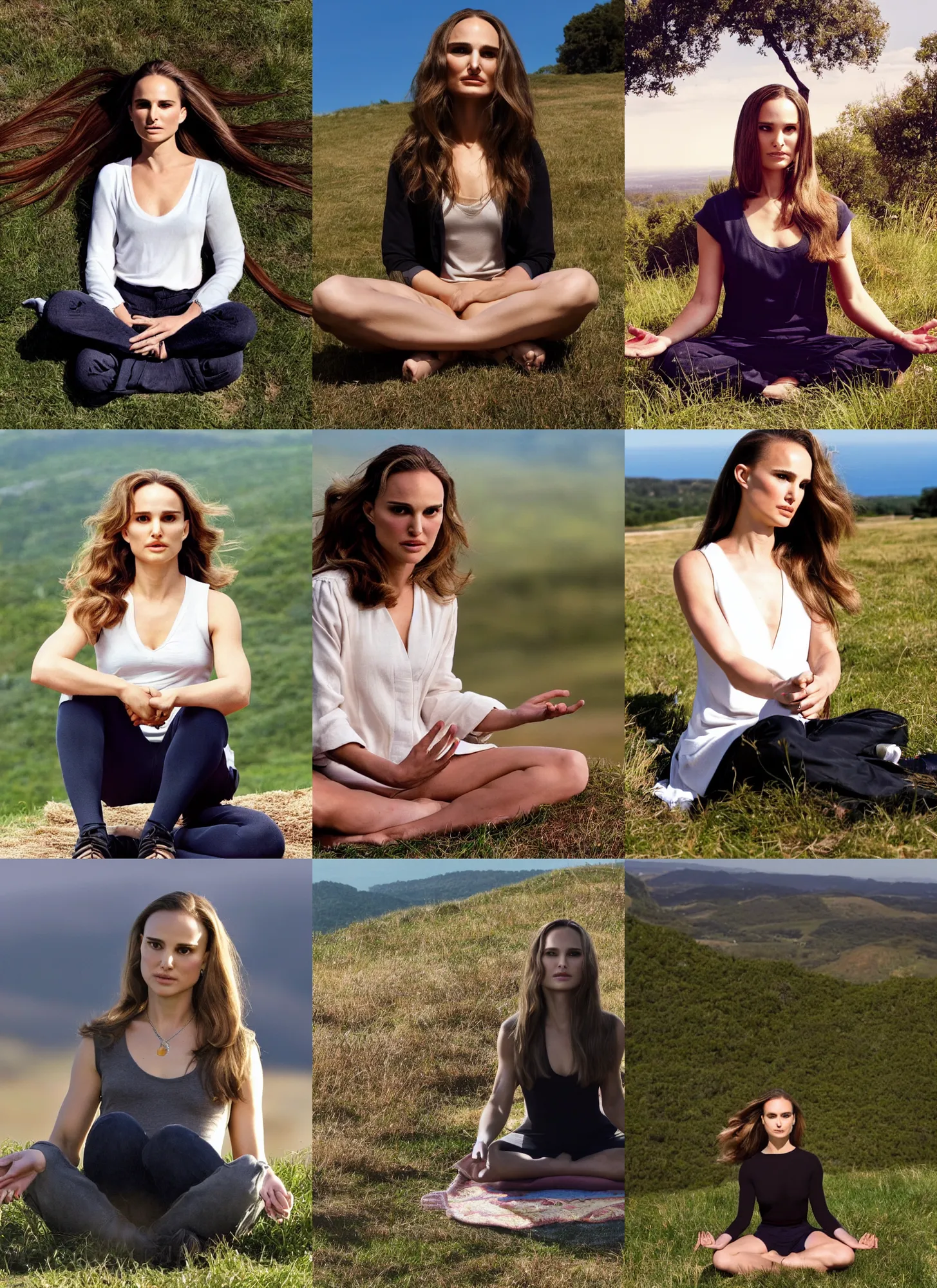 Image similar to natalie portman with extremely long hair sitting on top of a hill meditating in the morning sun