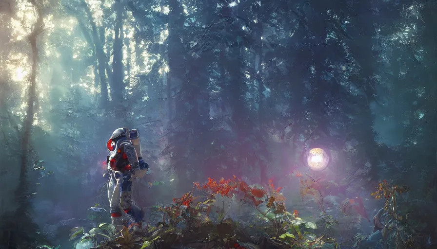 Prompt: A beautiful painting of an Astronaut in a wild magical forest, ray traced sun light, by Cindy Avelino and Kalin Popov , Trending on artstation HD.