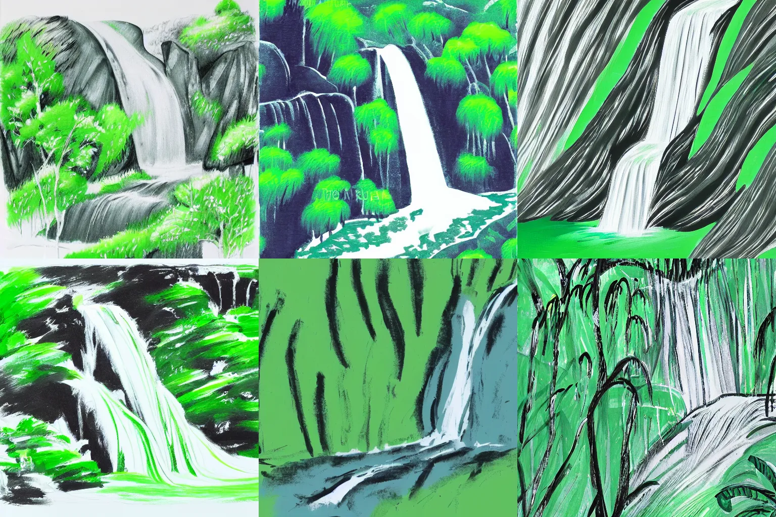 Prompt: an endless waterfall, green colour splash, painted with a thin brush, detailed sumi-e illustration